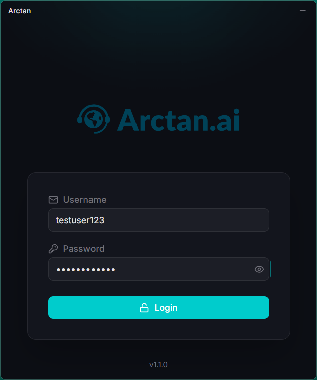 Arctan login screen