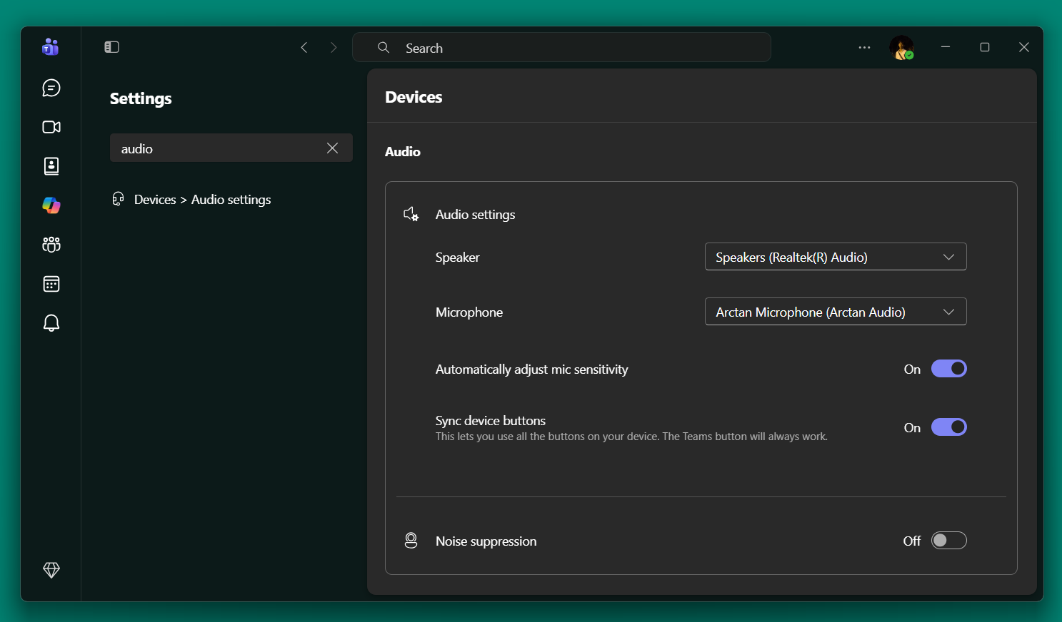 Microsoft Teams audio settings using Arctan Microphone
