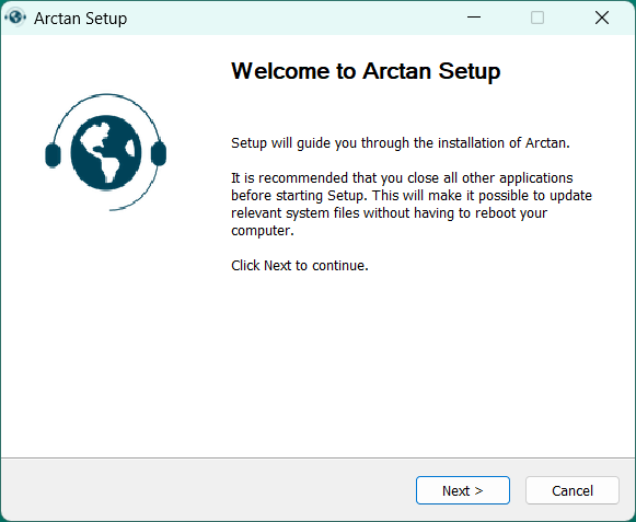 Arctan Setup welcome screen