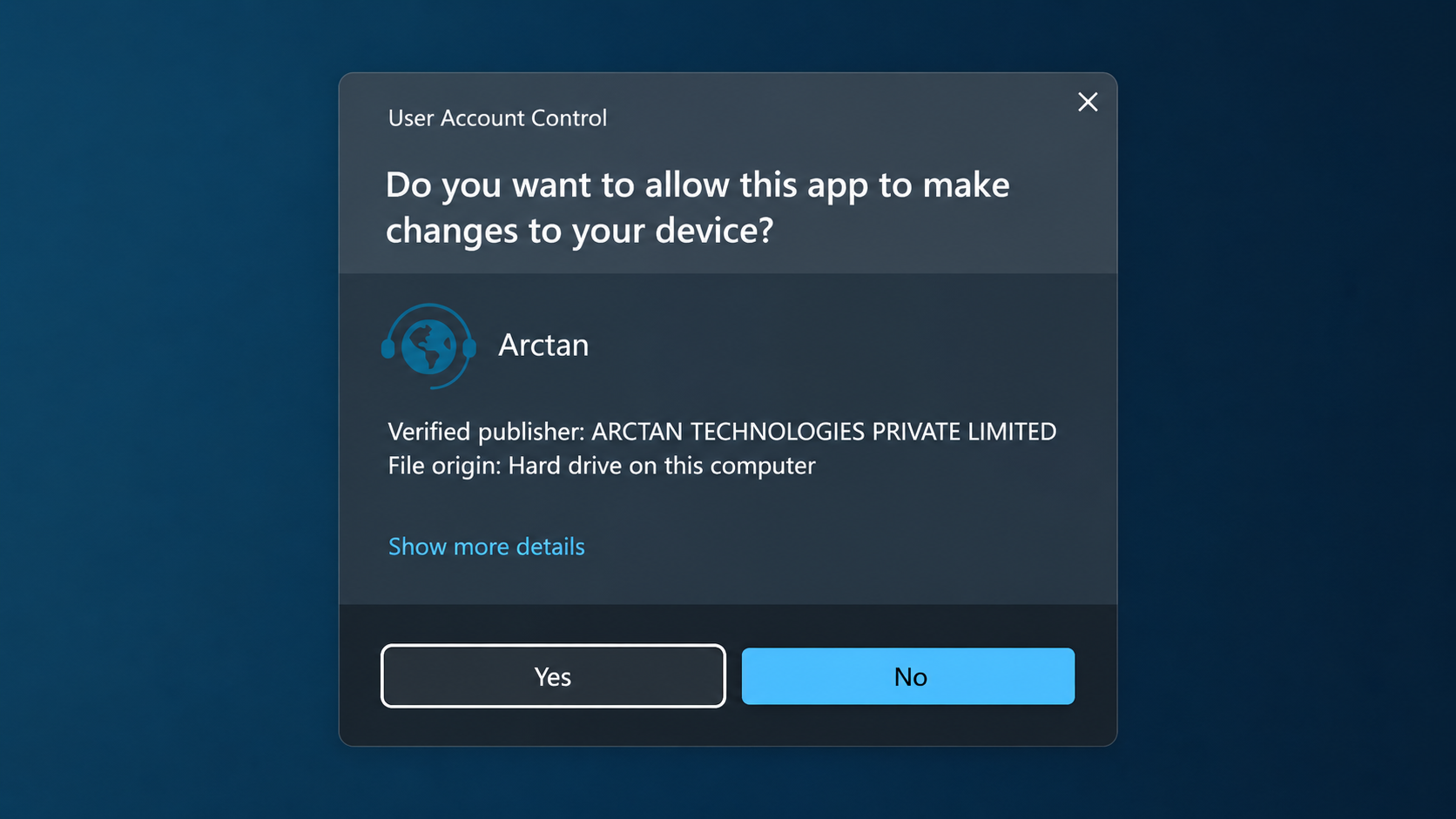 Windows User Account Control prompt for Arctan setup