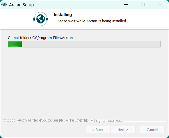 Arctan Setup installation progress