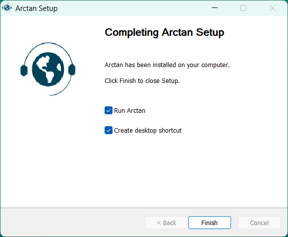 Completing Arctan Setup screen
