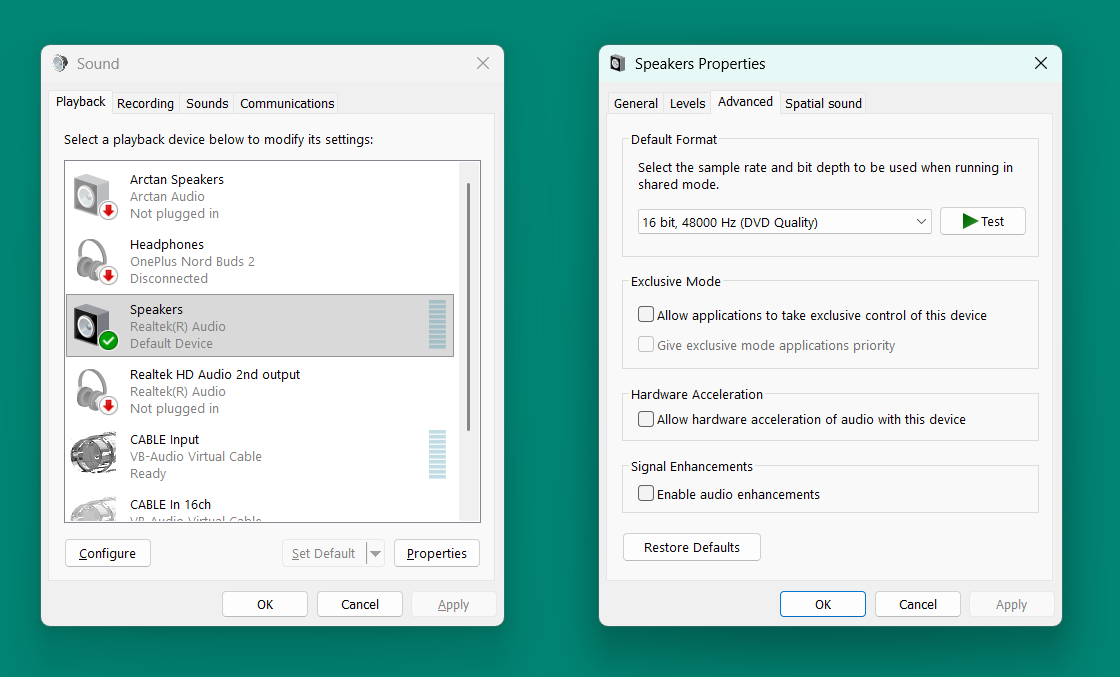 Windows playback device and speakers advanced properties