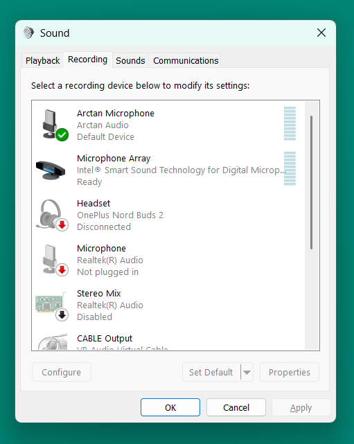Windows recording tab with Arctan Microphone set as default