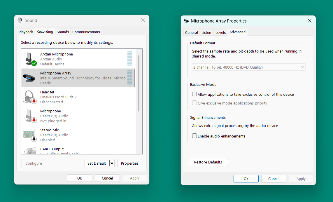 Windows microphone advanced properties