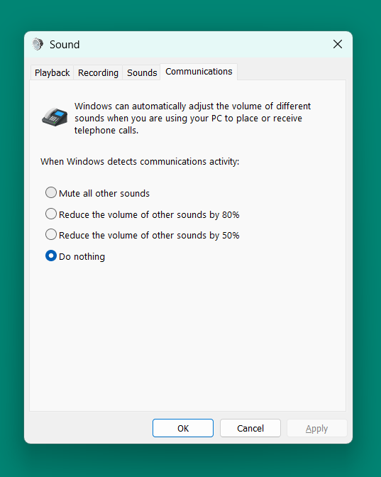 Windows Communications tab set to Do nothing
